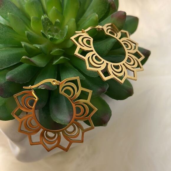 Stainless Steel Lotus Flower Hoop Earrings Boho - Picture 2 of 8